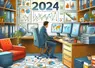 Un bureau de chef d'entreprise, avec des ordinateurs et de nombreux dossiers, mention de l'année 2024