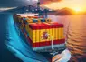 un porte conteneur en mer, un des conteneurs est aux couleurs du drapeau espagnol