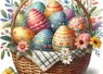 un panier contenant des œufs de Pâques, les œufs sont peints avec des motifs colorés. style aquarelle