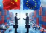 "An intense standoff between two business figures, one representing China (holding a red flag with a yellow star) and the other representing the European Union (holding a blue flag with yellow stars), in front of a background showing global trade routes and shipping containers."