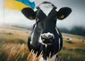 une vache noire et blanche dans une prairie, un drapeau ukrainien flotte derrière