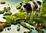 au sol, la carte de l'Europe sous forme de prairie. Dessus, une vache de race prim'holstein, style photographique