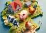 sur un fond de carte de l'Allemagne, un cochon, une vache, un poulet 