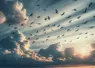 vol d'oiseau migrateur au loin dans un ciel légèrement nuageaux au dessus de la mer style photographique 