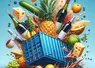 un conteneur s'écrase au sol. En jaillissent des myrtilles, des ananas, des bouteilles de vins, du parmesan, des concombres et du cacao