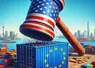 marteau au couleur du drapeau américain qui tape un conteneur au couleur du drapeau de l'ue