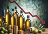 sur fond de bouteilles d'huile d'olive, une courbe de prix descendante