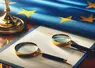 un document officiel avec une loupe et un drapeau européen en arrière plan