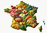 une carte de france, avec des images d'oeufs, de steaks, de légumes verts, de sucreries, de nuggets, de fruits 