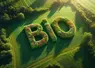 une photo d'un champ, le mot "BIO" est écrit avec des plantes, style photo aérienne