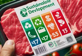 une barquette de viande, le zoom est fait sur l’étiquette un logo qui note le développement durable du 1 à 5, du vert au rouge