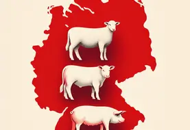 Une carte de l'Allemagne en rouge, des silhouettes d'agneau, vache et porc au premier plan