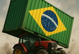 un conteneur aux couleurs du drapeau brésilien tombe sur un tracteur et l'écrase