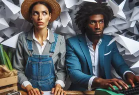 un agriculteur et une femme d'affaires pris dans une tempête de papier