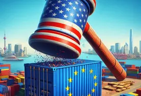 marteau au couleur du drapeau américain qui tape un conteneur au couleur du drapeau de l'ue