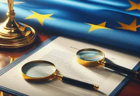 un document officiel avec une loupe et un drapeau européen en arrière plan