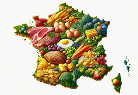 une carte de france, avec des images d'oeufs, de steaks, de légumes verts, de sucreries, de nuggets, de fruits 