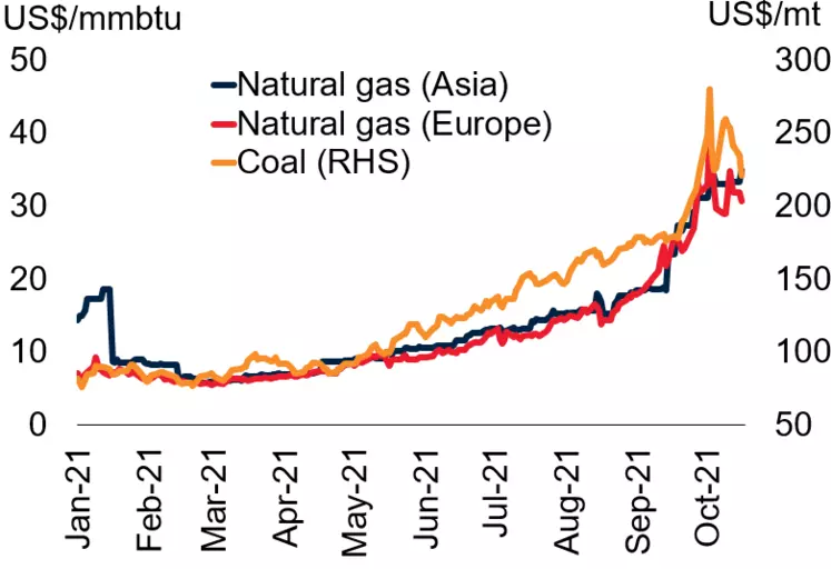 Evolution des prix du gaz naturel et du charbon 
