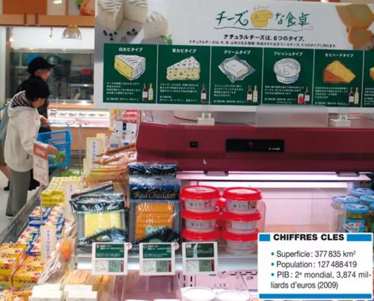 La consommation de fromage au Japon est actuellement de 2 kg/an/hab. (1,6 kg/an/hab. en 1998). La France exporte 7 141 t de fromages au Japon dont 67 % de fondus et 33 % de fromages naturels et frais.