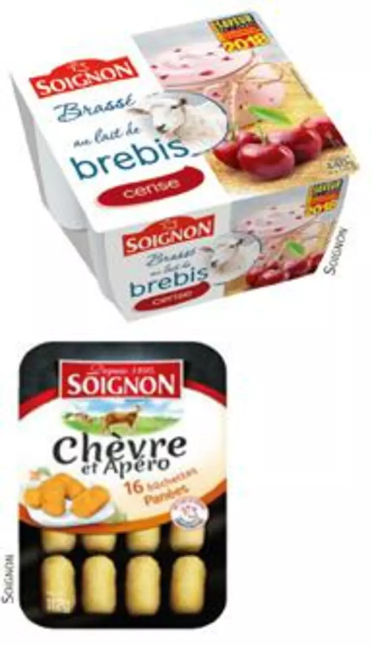 Soignon continue d’innover dans le chèvre
avec des mini-bûchettes pour l’apéro,
des yaourts saveur coco... et se lance
dans l’ultrafrais au lait de brebis.