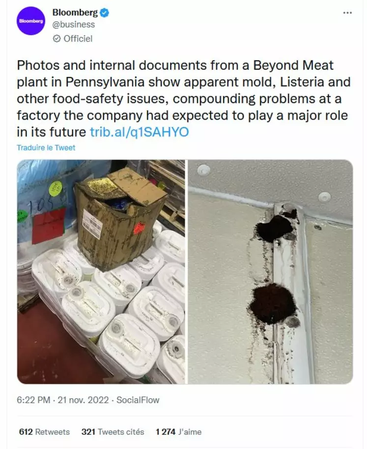 Le site d’information américain Bloomberg dévoile des photos et des documents internes de Beyond Meat qui montrent des risques sanitaires