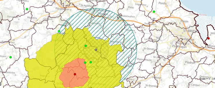 carte montrant le cercle de 3km et le cercle de 10km (en hachuré) autour du foyer de SAINT-FIACRE (point gris), ainsi que la zone réglementée de SAINT-CONNAN (en rouge et vert).