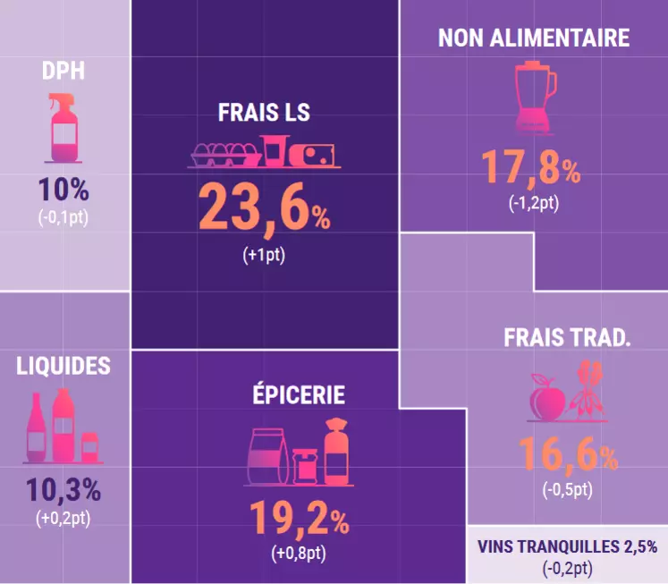 Poids des grands rayons dans le CA tous produits 2022 et écart (en pt) vs 2019