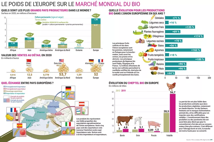 infographie illustrant le poids de l'europe sur le marché mondial du bio