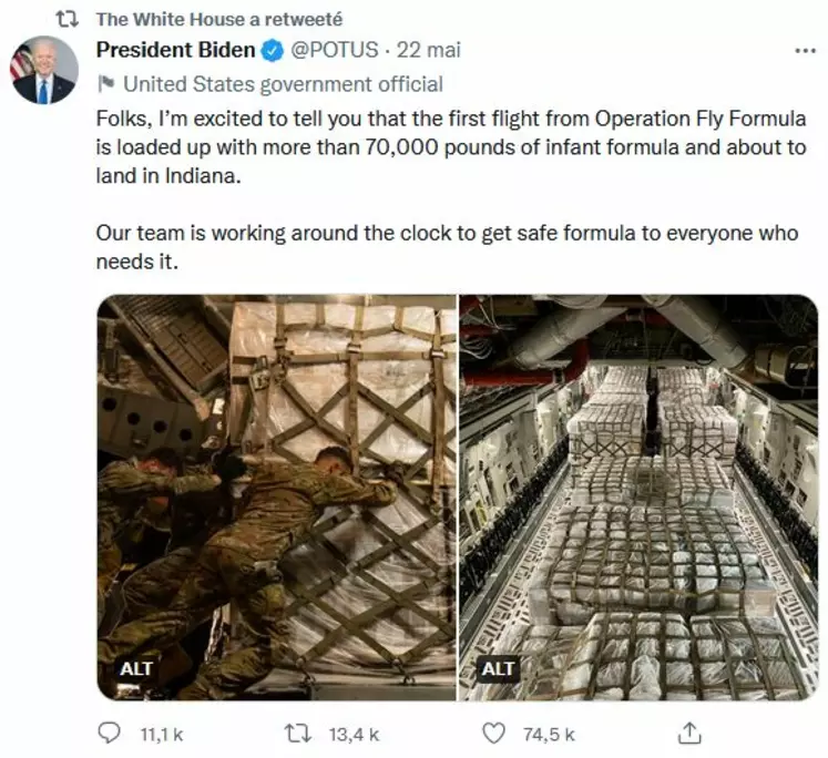 Tweet du président Biden annonçant l'arrivage de la première caragison de poudre de lait infantlie dans l'Indiana