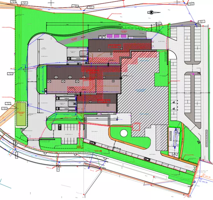 Le plan de masse du projet d'extension Uniplanèze en juin 2023, présenté par la société d'ingénierie de Bourg-en-Bresse Eria.