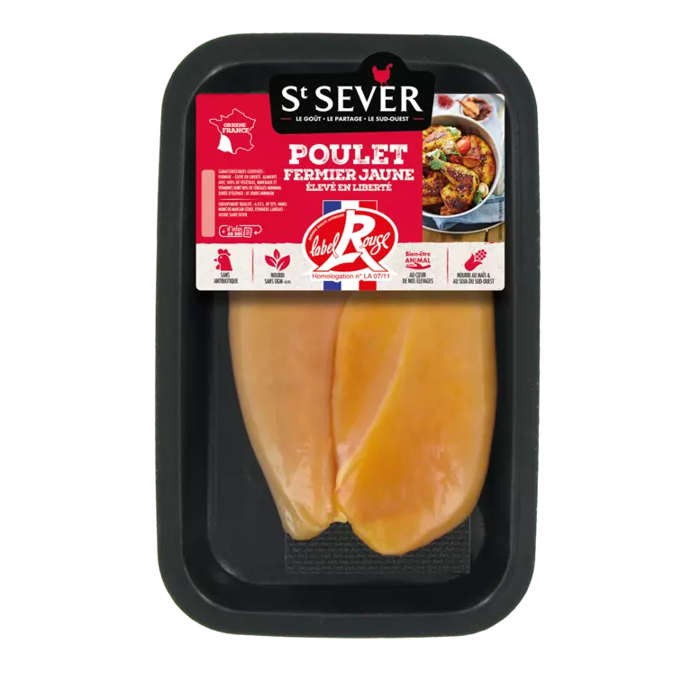 Filets de poulet jaune Label Rouge St Sever: nouvelle présentation 2023.