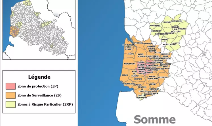 Carte des zones de restrictions mises en place suite à la détection du foyer d'IAHP