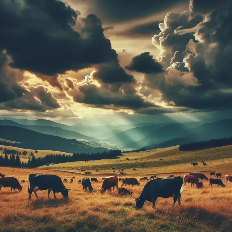 Des vaches broutent sur une prairie  sous un ciel orageux.