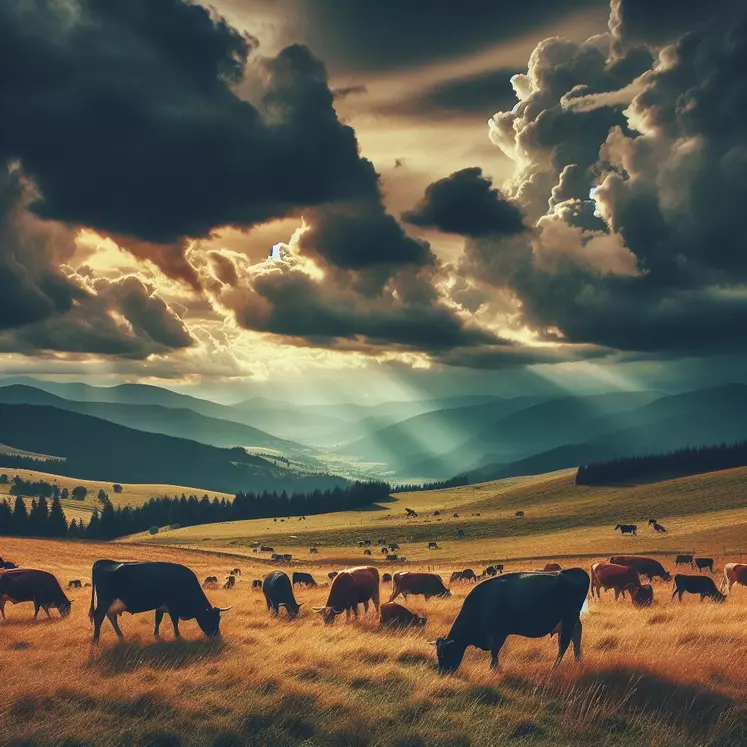 Des vaches broutent sur une prairie sous un ciel orageux.