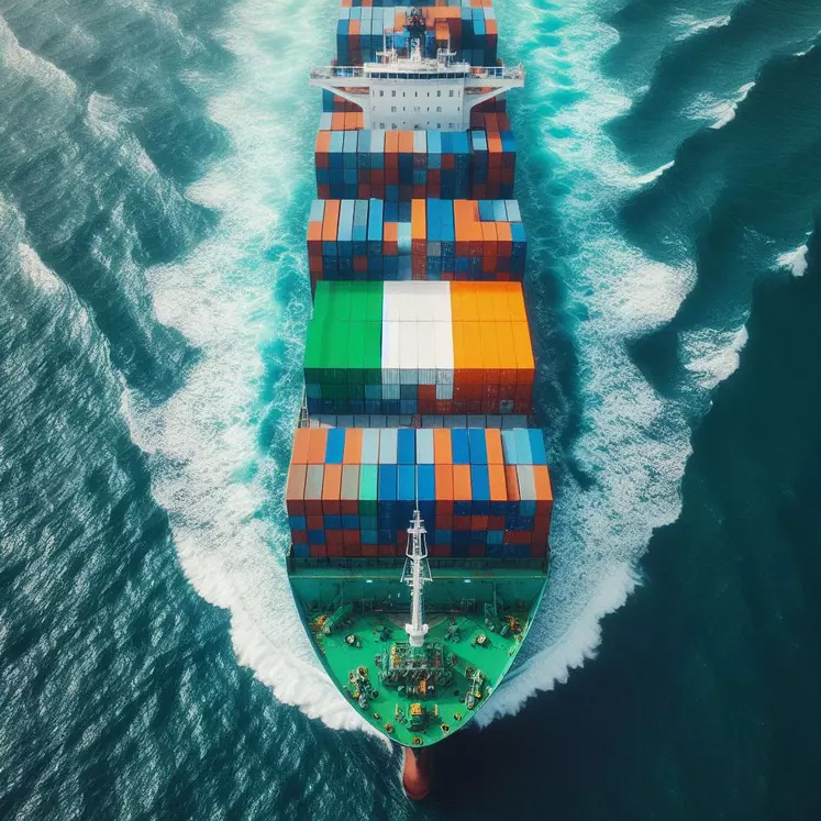 En mer, un bateau porte conteneur vu de haut, le drapeau irlandais sur les conteneurs