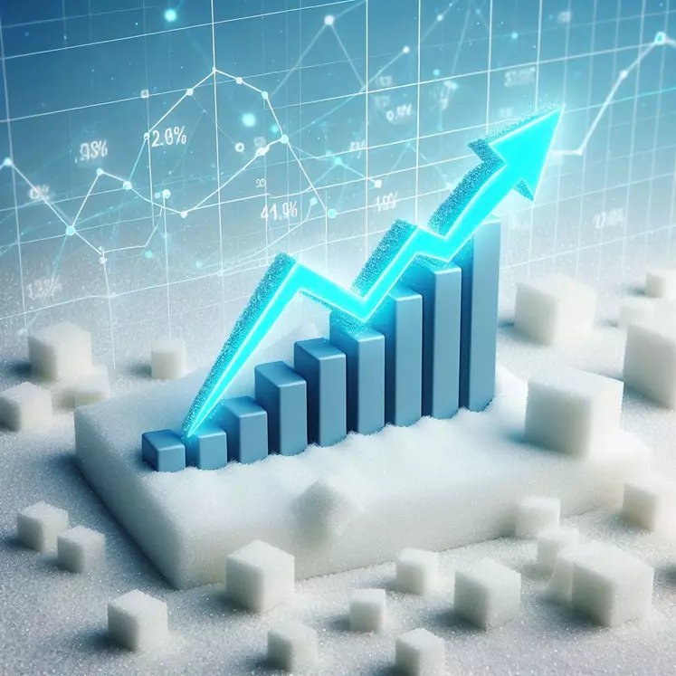 un graphique avec une courbe à la hausse, sur fond de sucre blanc