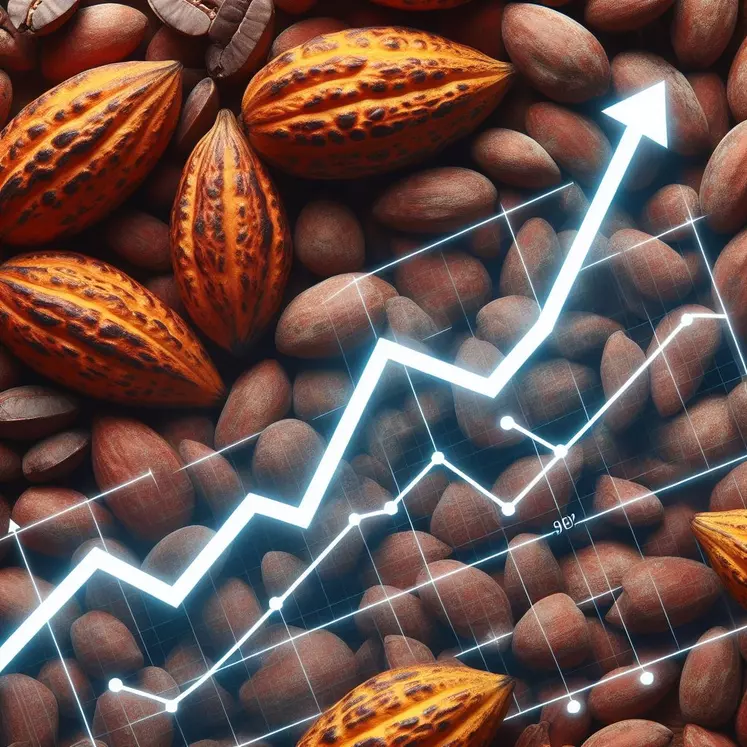 un graphique avec une courbe à la hausse, sur fond de féves de cacao 
