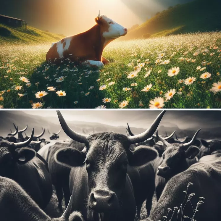 image divisée en deux. En haut, une vache dans une jolie prairie fleurie verte. En bas, des bœufs dans des feed lot, tons sombres. style photographique