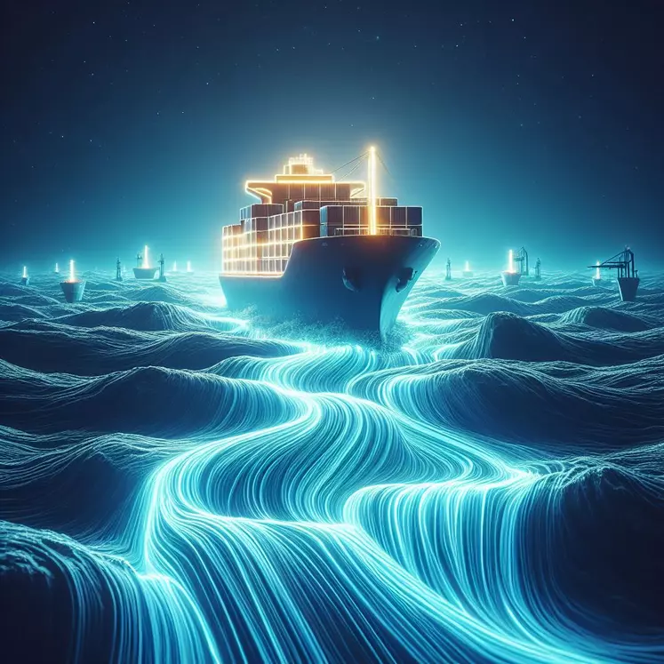 a neon lit conteneur ship on the sea flowing with liquid light
