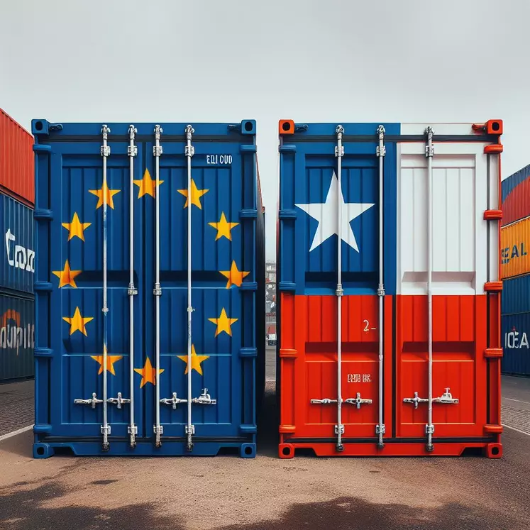 deux conteneurs, un peint du drapeau de l'union européenne, l'autre peint avec le drapeau chilien.