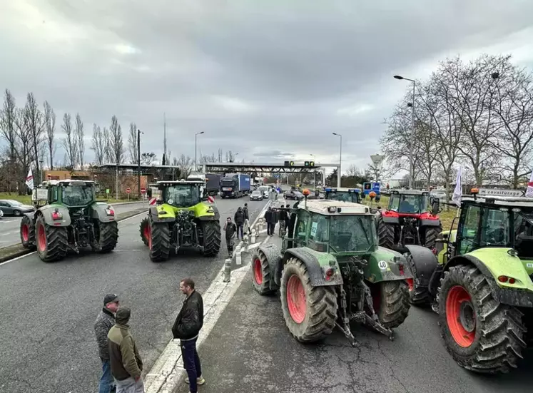 Des jeunes agriculteurs bloquent un péage d'autoroute dans le Tarn et Garonne.