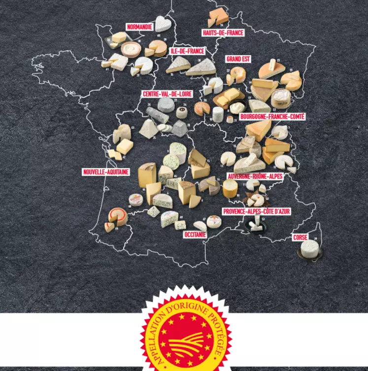 logo AOP et carte des fromages sous appelation