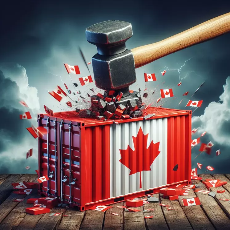 un marteau qui donne un coup sur un conteneur dont les parois sont ornées du drapeau canadien