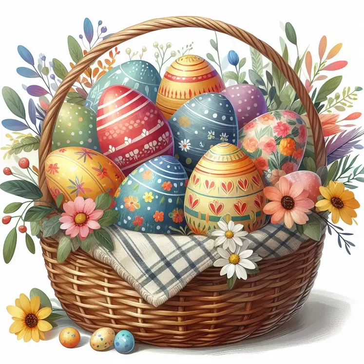 un panier contenant des œufs de Pâques, les œufs sont peints avec des motifs colorés. style aquarelle