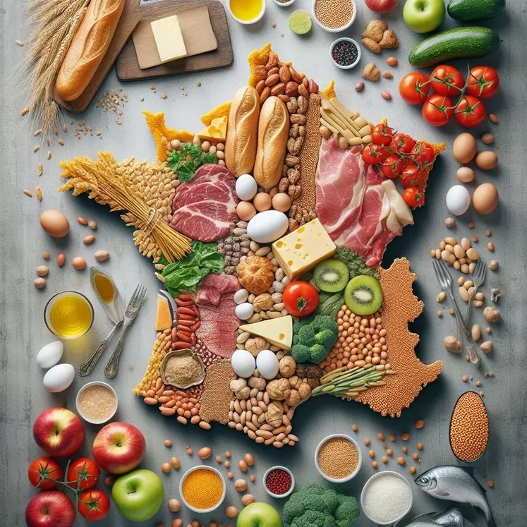 vue de haut, une carte de France dessinée avec du blé, du beurre, des oeufs, de la viande, du fromage, des pommes, des tomates, du soja, du saumon