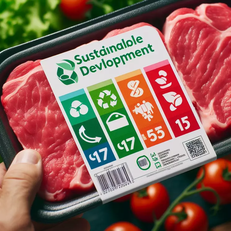 une barquette de viande, le zoom est fait sur l’étiquette un logo qui note le développement durable du 1 à 5, du vert au rouge
