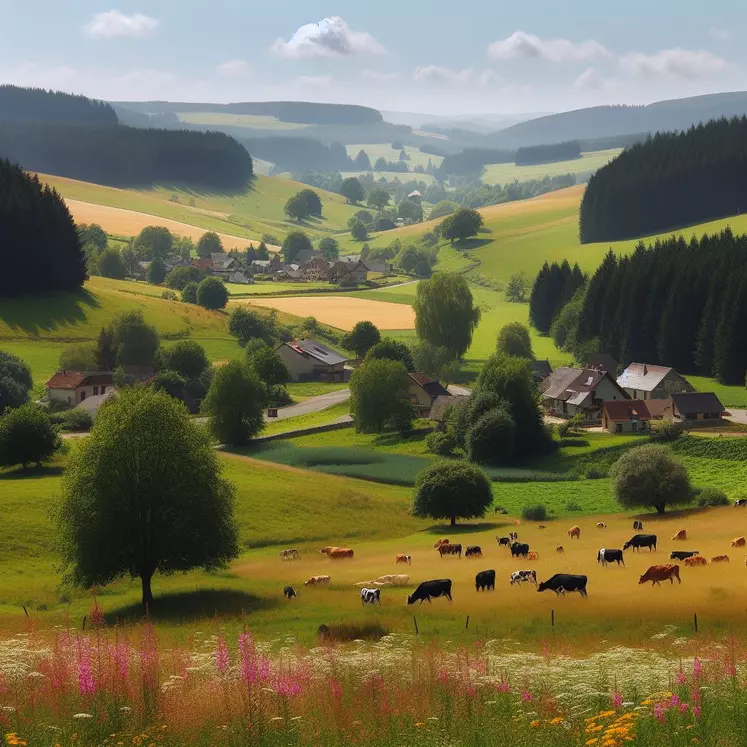 un paysage vallonné. D'un coté une foret. De l'autre, des prairies avec des arbres, des fleurs, des vaches. Au milieu un village français. 