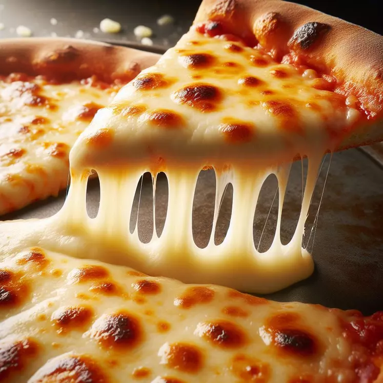 une pizza aux fromages avec un zoom de près sur le fromage fondu 