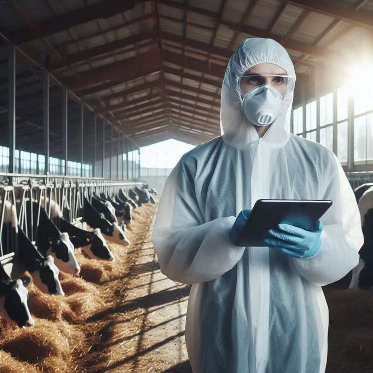 en arrière plan, une étable avec des vaches noir et blanche. Au premier plan, un chercheur en combinaison intégrale avec un masque de protection.