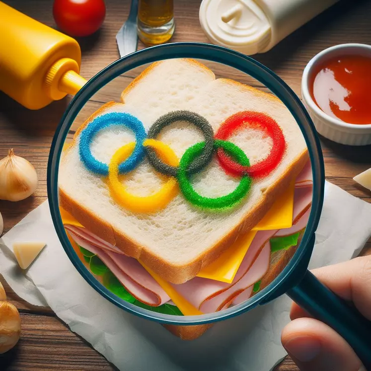 un sandwich jambon fromageles anneaux des jeux olympiques en condiment dessinés dessus  observé à la loupe en gros plan. 